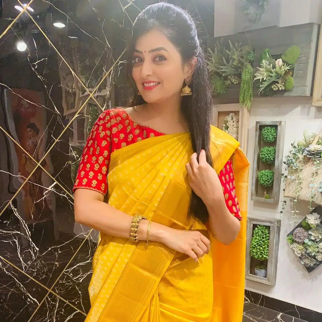 ETV Abhiruchi Madhuri Kandavalli In Yellow Saree Red Blouse